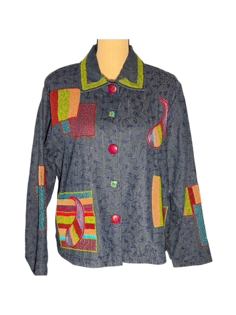 Pushpa Vintage 1990s Blue Denim Paisley Embroidered Jacket